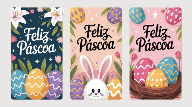Feliz Pascoa Portuguese Happy Easter social media story templates set with cute bunny, colorful eggs and spring flowers vector illustration