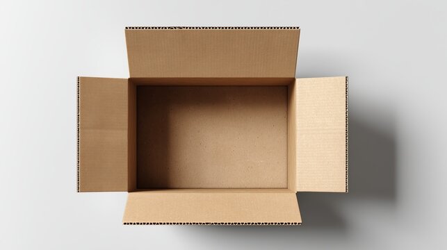 Bo&icirc;te en carton ondul&eacute; ouverte vide sur fond blanc minimaliste