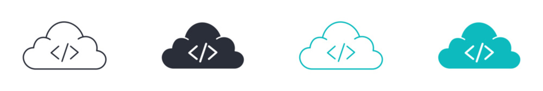 Cloud programming icons, cloud with coding symbol, cloud coding network technology icon in line and silhouette style, vector illustration