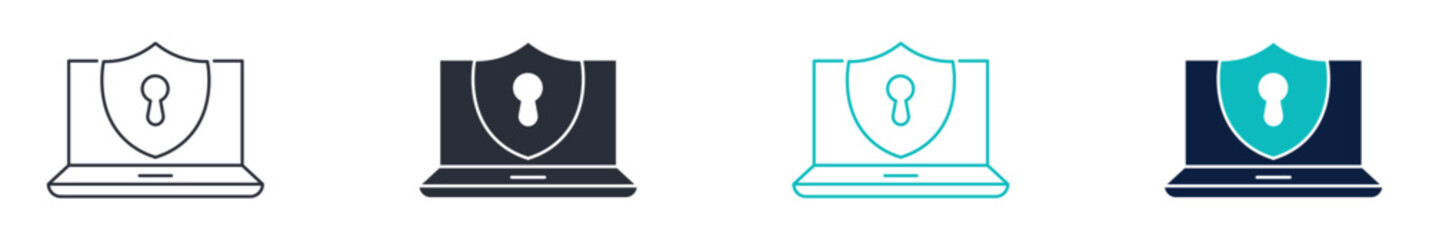 Cyber security laptop icons, laptop with shield protection icon, data security technology icon in line and silhouette style, vector illustration © Masuda Akthar