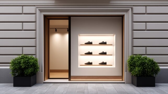 A minimalist shoe store display features six black sneakers on illuminated shelves, framed by a modern storefront with two decorative green plants.