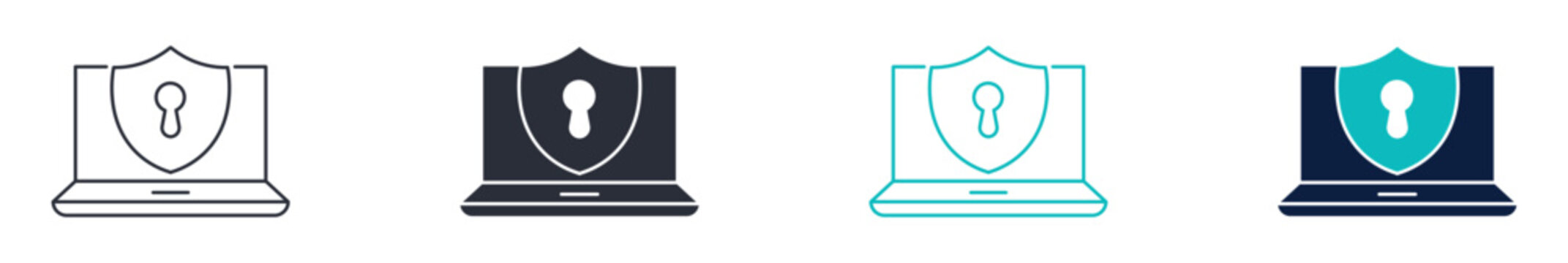 Cyber security laptop icons, laptop with shield protection icon, data security technology icon in line and silhouette style, vector illustration
