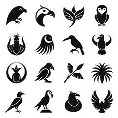 Obraz premium Monochrome vector illustrations of various bird species in glyph style