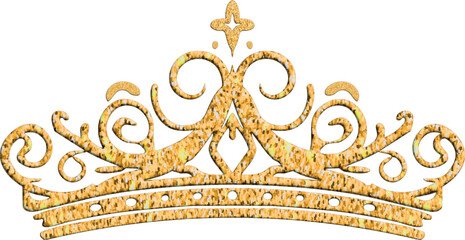 An ornate decorative tiara rendered in rich gold glitter with intricate swirling filigree details © Baby AI