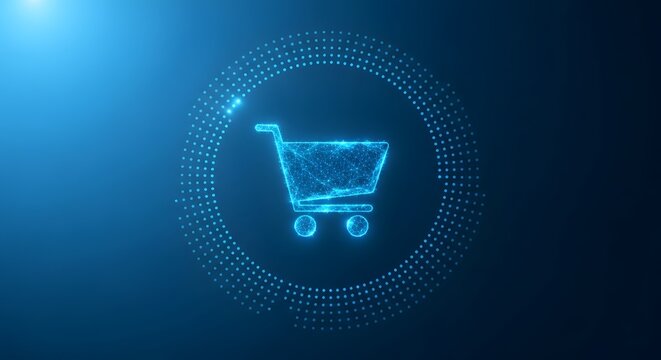 Digital shopping cart icon with glowing particles and circular data stream effect e-commerce online shopping