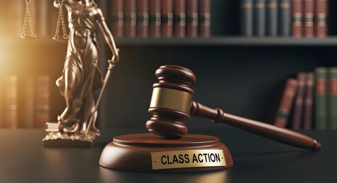 Gavel and Lady Justice statue with ' CLASACTION' label in a library setting class action lawsuit