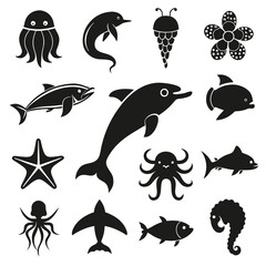 Fototapeta premium Black and white vector icons featuring sea life and nature