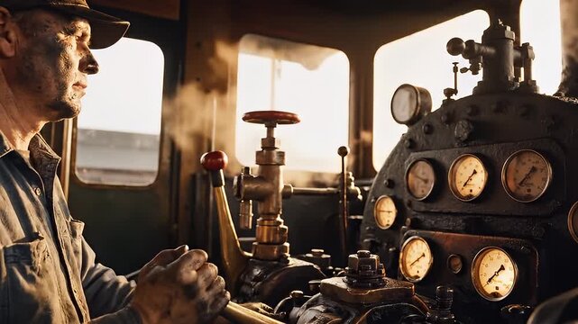 Train Engineer Operating Locomotive Controls.