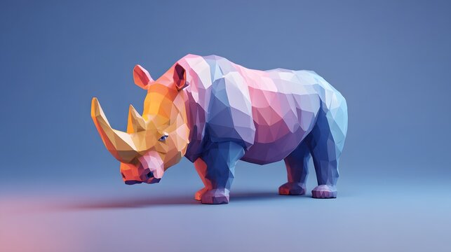Vibrant multi-colored low poly rhinoceros illustration on bright blue background.