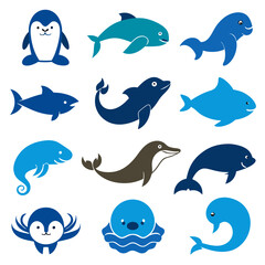 Naklejka premium Collection of stylized sea animal vector icons in blue tones