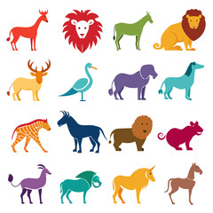 Fototapeta premium Colorful Animal Icons Collection in Flat Graphic Style
