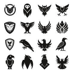 Fototapeta premium Black and white vector silhouettes of birds of prey