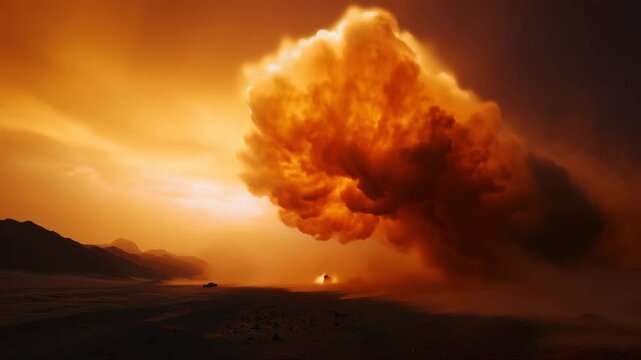 Dramatic battlefield blast in desert with swirling dust and orange flames Wide desert combat illustration featuring a powerful orange explosion, swirling dust storm, thick smoke an 4K