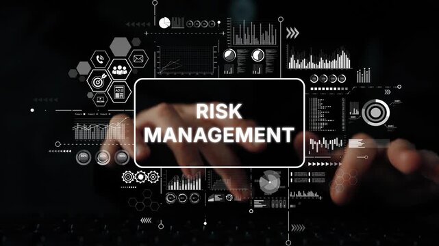 Digital Concept of Risk Management with Hands Typing on a Keyboard Surrounded by Data Visualizations and Graphs. Asymptotic smart data analytic.