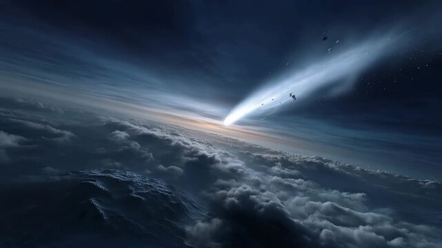 Dramatic cosmic scene showing a bright comet streaking across deep space as it passes near Planet Earth, long luminous tail of glowing particles and icy debris trailing behind whil  4K