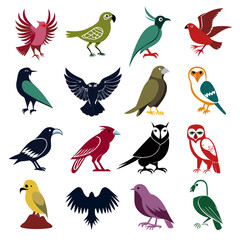 Fototapeta premium Collection of stylized birds on white background illustration art