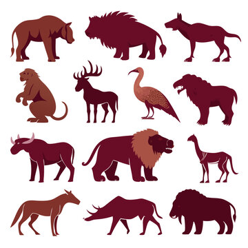 Vector illustration of stylized prehistoric animals against white backdrop
