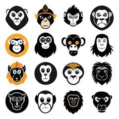 Obraz premium Sixteen unique monkey face icons set on white backdrop