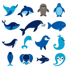 Fototapeta premium Collection of stylized sea creatures in various blue tones