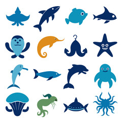 Obraz premium Collection of playful sea creatures vector icons on white