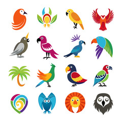 Fototapeta premium Collection of brightly colored stylized birds and related icons