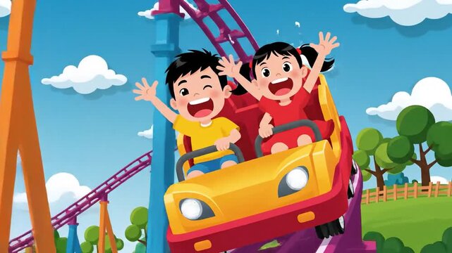 Animated children enjoying a roller coaster ride at an amusement park under a bright blue sky with cartoon style trees and clouds