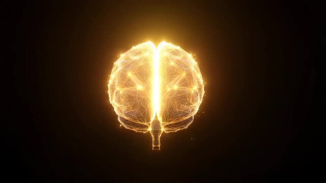 Futuristic neural brain mesh with glowing golden synapses and detailed wireframe structure Futuristic neural brain hovering centrally in a dark space, intricate filament lines form
