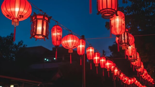 A string of red lanterns illuminated against a dark evening sky