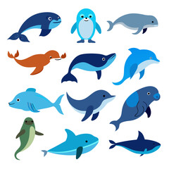 Naklejka premium Assorted colorful sea animal cartoons including dolphin and seal