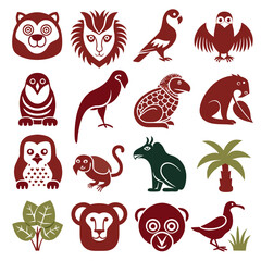 Fototapeta premium Collection of stylized jungle animals and flora on white