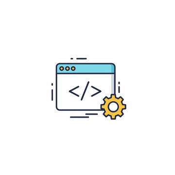 Browser window with code tags and settings gear icon