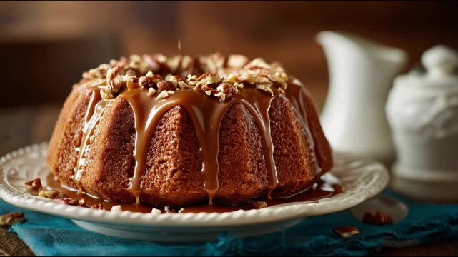 Freshly baked bundt cake getting drizzled with warm caramel sauce and topped with pecans
