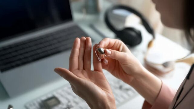 Woman holding a modern hearing aid device in her hands, ready for use or adjustment