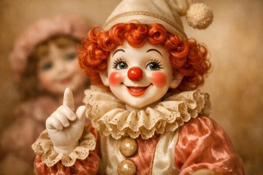 Playful Harlequin Doll: A charming doll dressed as a jovial harlequin, its cheerful expression and playful gesture promising delight and lighthearted entertainment.