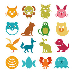 Fototapeta premium Cute animal icons in colorful flat style on white