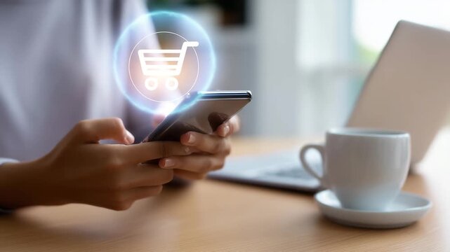 Mobile ecommerce concept with woman shopping on smartphone in modern workspace Woman holding a smartphone and browsing an online shopping app, glowing ecommerce interface with