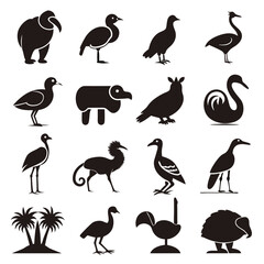 Obraz premium Set of stylized silhouettes of various birds and palms