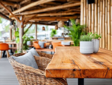 Tropical Restaurant Seating Area with Wicker Chairs and Bamboo Decor Natural Light