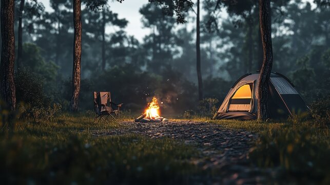 A peaceful camping scene in a forest clearing with a glowing campfire and illuminated tent at dusk