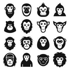 Obraz premium Monochrome monkey face vector icons collection on white backdrop
