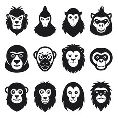 Collection of black and white monkey face vector icons © Xihan