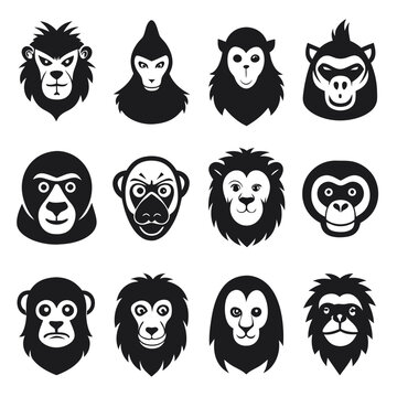 Collection of black and white monkey face vector icons