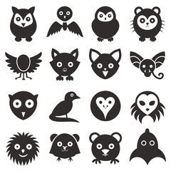 Fototapeta premium Variety of animal cartoon icons in minimalist black design