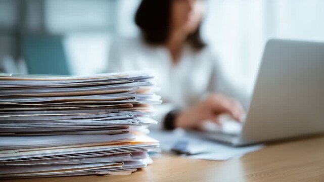 paperwork concept with stacked files and woman working on laptop Close-up office scene with neatly stacked paper files clipped together on a desk, woman working on a laptop 4K