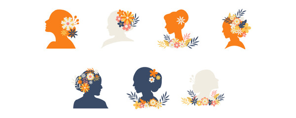 Kartini's Day Silhouette with Flowers Decoration Illustration. Emancipation, Women Empowerment Vector Isolated