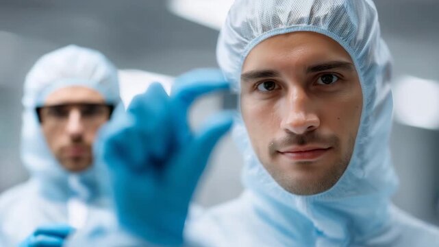 Scientist in full protective laboratory suit holding a microprocessor chip with precision in a sterile high-security research environment, blue medical gloves carefully presenting