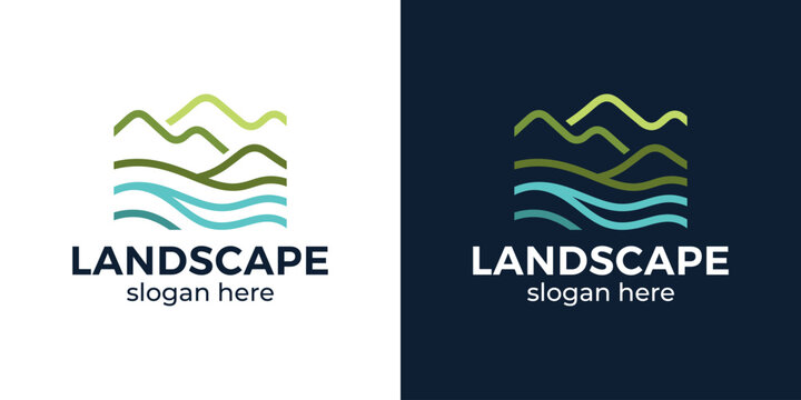 Simple panorama logo design. Mountain peak design graphic with sea beach vector illustration. Symbol, icon, creative.