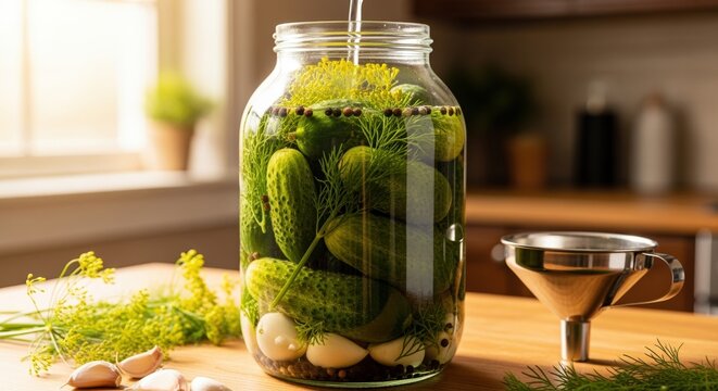 large jar of freshly pickled cucumbers with herbs on a sunny kitchen countertop