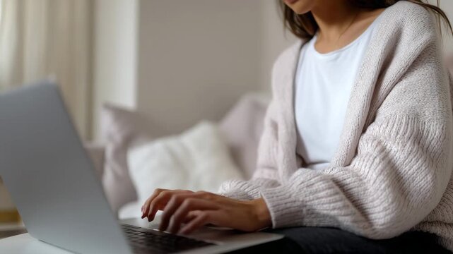 Woman working remotely on laptop in modern casual home workspace Woman sitting at a small round table and working remotely on a laptop  4K