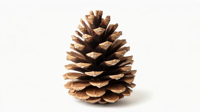 A large, brown pinecone standing upright on a white surface with a subtle shadow